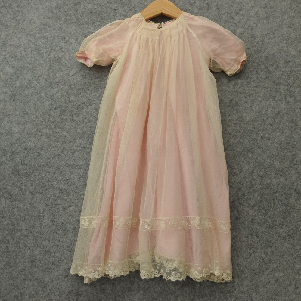 Vintage 50s Victorian Nightgown Dress Baby Girl 18 24M Pink Tulle Lace Heirloom